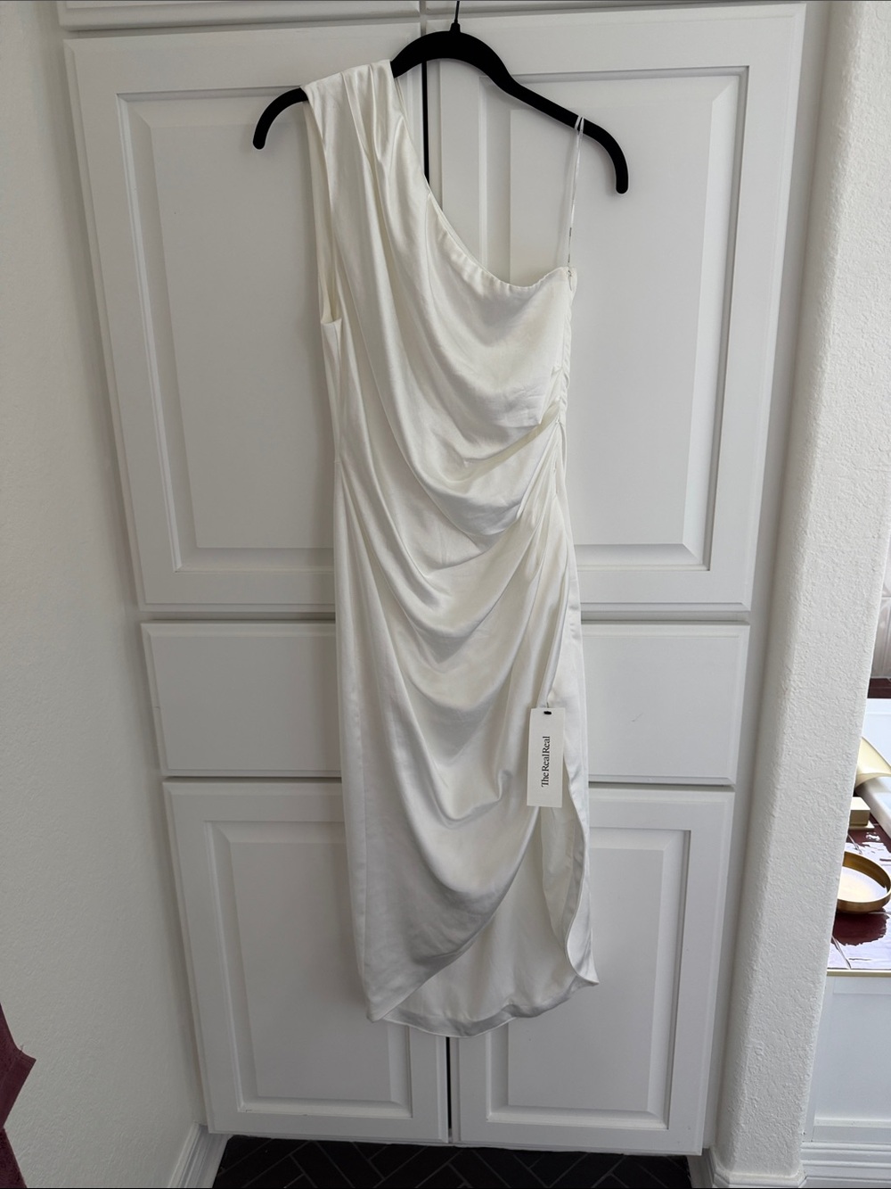 Elliatt Ivory One-Shoulder Draped Satin Midi Dress